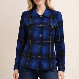 VTG LINKS Royal Blue Black Flannel Plaid Button Down Long Sleeve Shacket